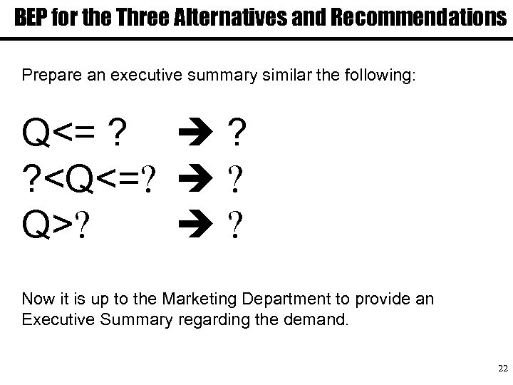BEP for the Three Alternatives and Recommendations Prepare an executive summary similar the following:
