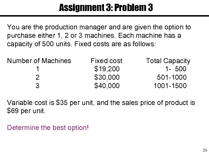 Assignment 3: Problem 3 You are the production manager and are given the option