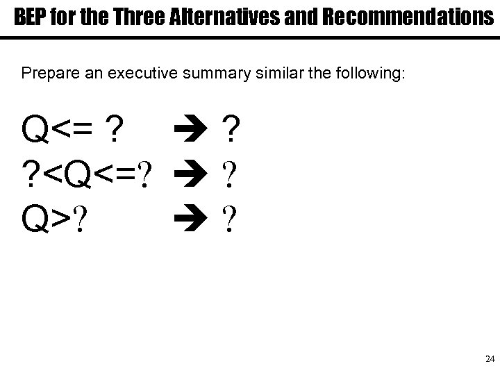 BEP for the Three Alternatives and Recommendations Prepare an executive summary similar the following: