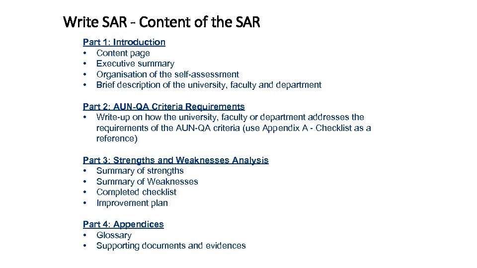 Write SAR - Content of the SAR Part 1: Introduction • Content page •