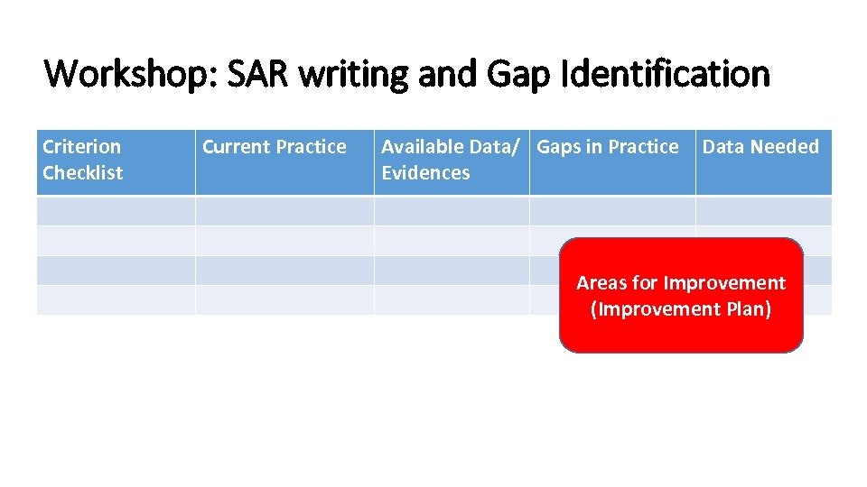 Workshop: SAR writing and Gap Identification Criterion Checklist Current Practice Available Data/ Gaps in