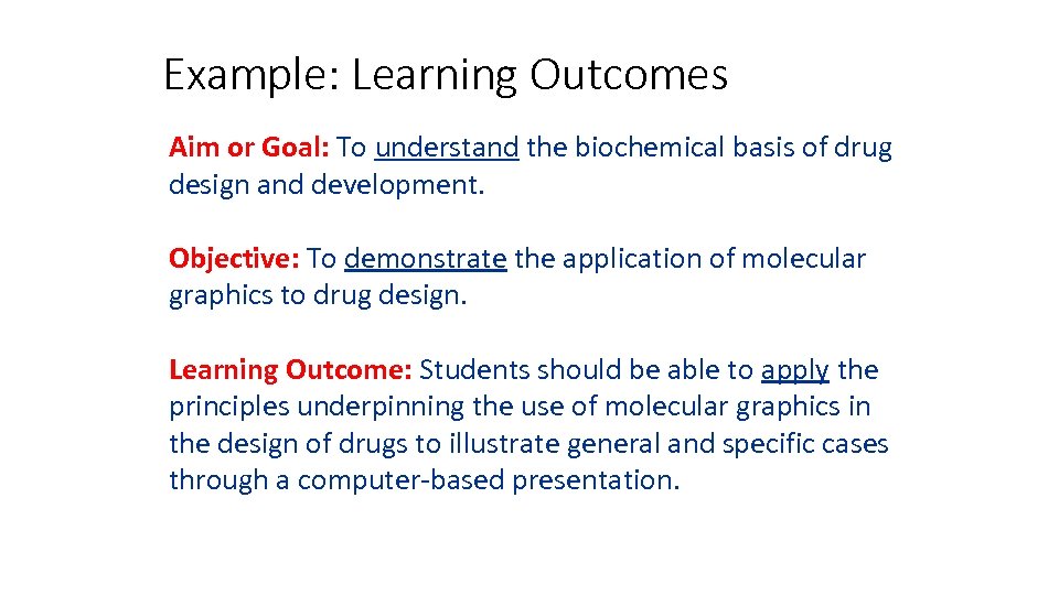Example: Learning Outcomes Aim or Goal: To understand the biochemical basis of drug design