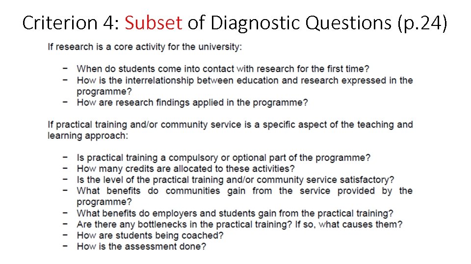 Criterion 4: Subset of Diagnostic Questions (p. 24) 