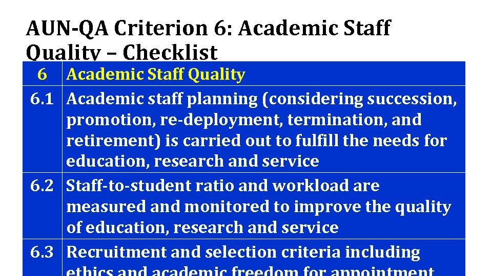 AUN-QA Criterion 6: Academic Staff Quality – Checklist 6 Academic Staff Quality 6. 1