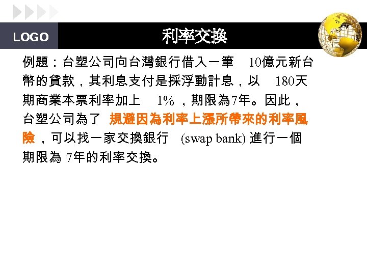 LOGO 利率交換 例題：台塑公司向台灣銀行借入一筆 10億元新台 幣的貸款，其利息支付是採浮動計息，以 180天 期商業本票利率加上 1% ，期限為 7年。因此， 台塑公司為了 規避因為利率上漲所帶來的利率風 險 ，可以找一家交換銀行