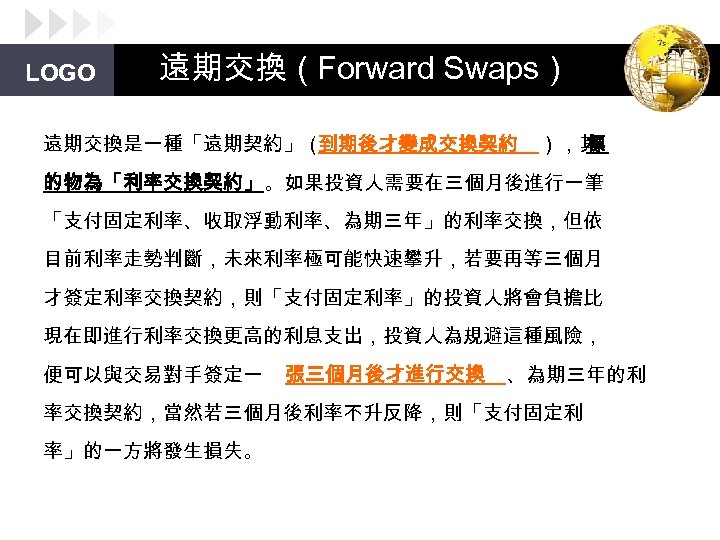 LOGO 遠期交換（Forward Swaps） 遠期交換是一種「遠期契約」（ 到期後才變成交換契約 ），其 標 的物為「利率交換契約」。如果投資人需要在三個月後進行一筆 「支付固定利率、收取浮動利率、為期三年」的利率交換，但依 目前利率走勢判斷，未來利率極可能快速攀升，若要再等三個月 才簽定利率交換契約，則「支付固定利率」的投資人將會負擔比 現在即進行利率交換更高的利息支出，投資人為規避這種風險， 便可以與交易對手簽定一 張三個月後才進行交換