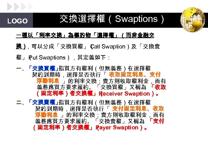 LOGO 交換選擇權（Swaptions） 一種以「利率交換」為標的物「選擇權」（而非金融交 換） ，可以分成「交換買權」（ Swaption）及「交換賣 Call 權」（ Swaptions），其定義如下： Put 一、「交換買權」 指買方有權利（但無義務）在選擇權 契約到期時，選擇是否執行「 收取固定利息、支付