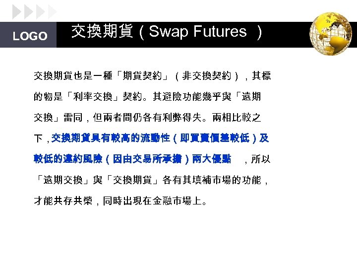 LOGO 交換期貨（Swap Futures ） 交換期貨也是一種「期貨契約」（非交換契約），其標 的物是「利率交換」契約。其避險功能幾乎與「遠期 交換」雷同，但兩者間仍各有利弊得失。兩相比較之 下，交換期貨具有較高的流動性（即買賣價差較低）及 較低的違約風險（因由交易所承擔）兩大優點 ，所以 「遠期交換」與「交換期貨」各有其填補市場的功能， 才能共存共榮，同時出現在金融市場上。 