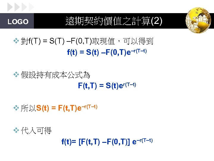 LOGO 遠期契約價值之計算(2) v 對f(T) = S(T) –F(0, T)取現值，可以得到 f(t) = S(t) –F(0, T)e–r(T–t) v
