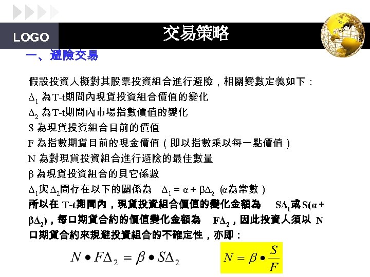 LOGO 一、避險交易 交易策略 假設投資人擬對其股票投資組合進行避險，相關變數定義如下： Δ 1 為 T-t期間內現貨投資組合價值的變化 Δ 2 為 T-t期間內市場指數價值的變化 S 為現貨投資組合目前的價值