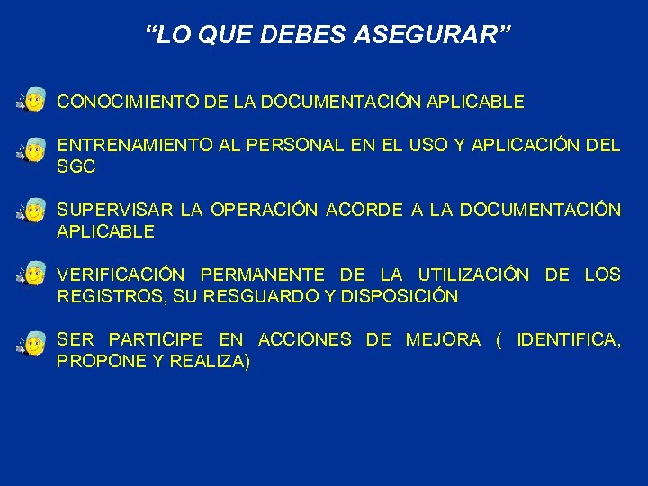 “LO QUE DEBES ASEGURAR” CONOCIMIENTO DE LA DOCUMENTACIÓN APLICABLE ENTRENAMIENTO AL PERSONAL EN EL