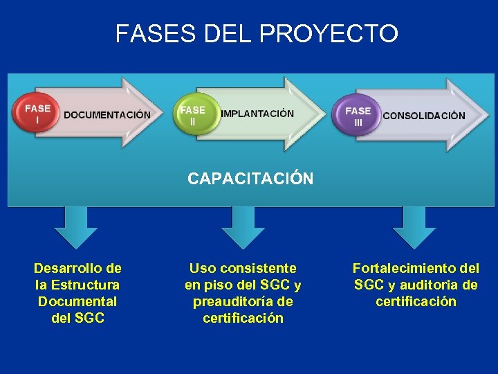 FASES DEL PROYECTO CAPACITACIÓN Desarrollo de la Estructura Documental del SGC Uso consistente en