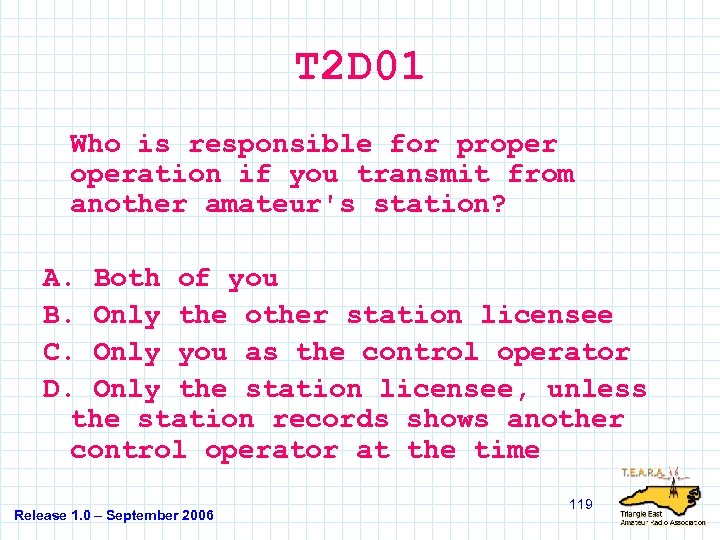 T 2 D 01 Who is responsible for properation if you transmit from another