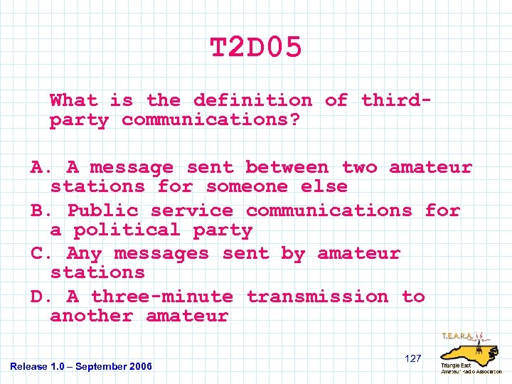 T 2 D 05 What is the definition of thirdparty communications? A. A message