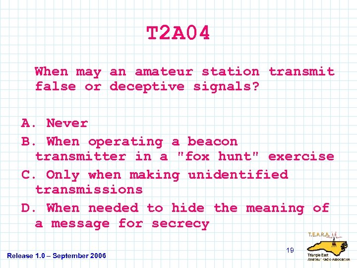 T 2 A 04 When may an amateur station transmit false or deceptive signals?