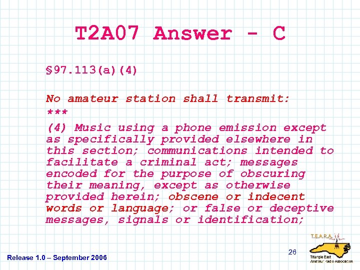 T 2 A 07 Answer - C § 97. 113(a)(4) No amateur station shall