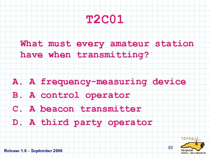 T 2 C 01 What must every amateur station have when transmitting? A. B.