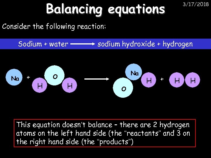 Balancing equations 3/17/2018 Consider the following reaction: Sodium + water Na + sodium hydroxide