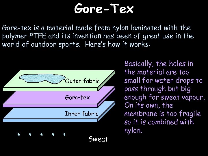 Gore-Tex Gore-tex is a material made from nylon laminated with the polymer PTFE and