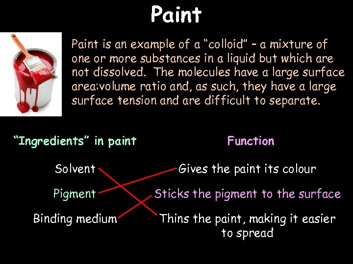 Paint is an example of a “colloid” – a mixture of one or more