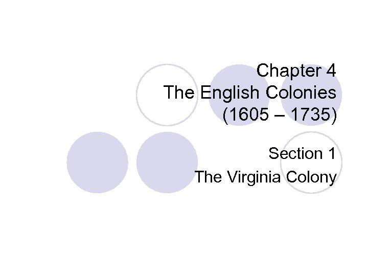 Chapter 4 The English Colonies (1605 – 1735) Section 1 The Virginia Colony 