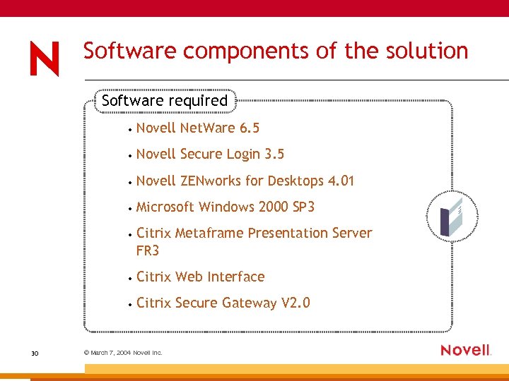 Software components of the solution Software required • • Novell Secure Login 3. 5