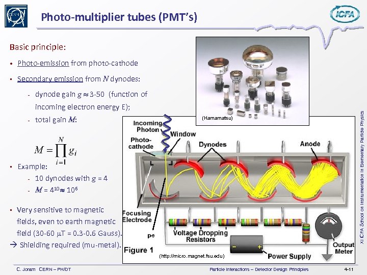 Photo-multiplier tubes (PMT’s) Basic principle: • Photo-emission from photo-cathode Secondary emission from N dynodes: