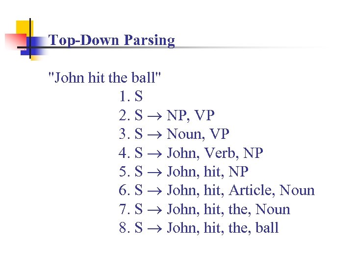 Top-Down Parsing "John hit the ball" 1. S 2. S NP, VP 3. S