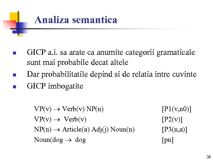 Analiza semantica n n n GICP a. i. sa arate ca anumite categorii gramaticale