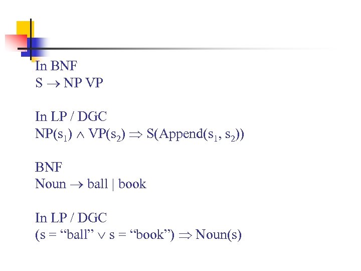 In BNF S NP VP In LP / DGC NP(s 1) VP(s 2) S(Append(s