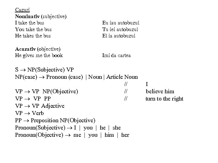 Cazuri Nominativ (subjective) I take the bus You take the bus He takes the