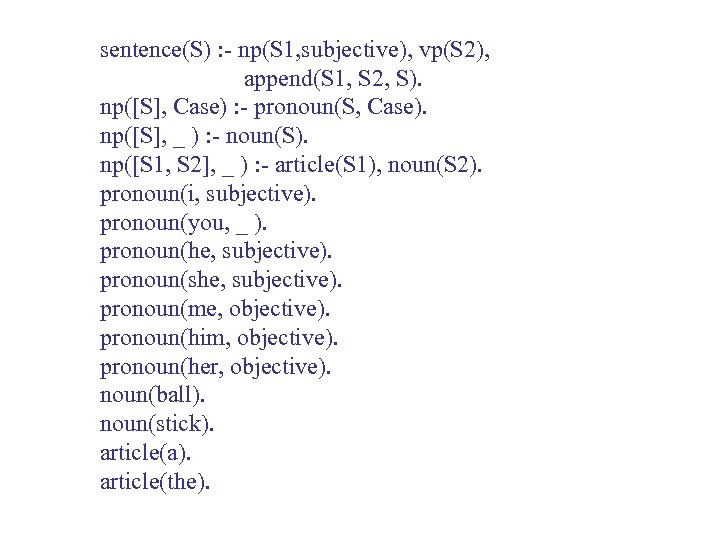 sentence(S) : - np(S 1, subjective), vp(S 2), append(S 1, S 2, S). np([S],