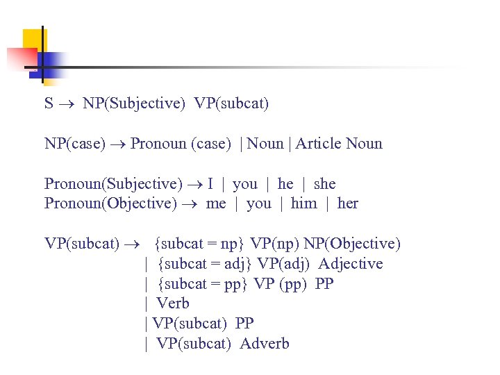 S NP(Subjective) VP(subcat) NP(case) Pronoun (case) | Noun | Article Noun Pronoun(Subjective) I |