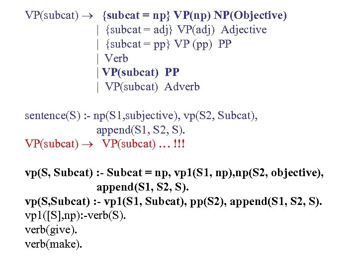 VP(subcat) {subcat = np} VP(np) NP(Objective) | {subcat = adj} VP(adj) Adjective | {subcat