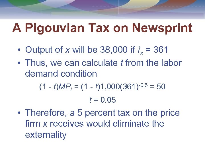 A Pigouvian Tax on Newsprint • Output of x will be 38, 000 if