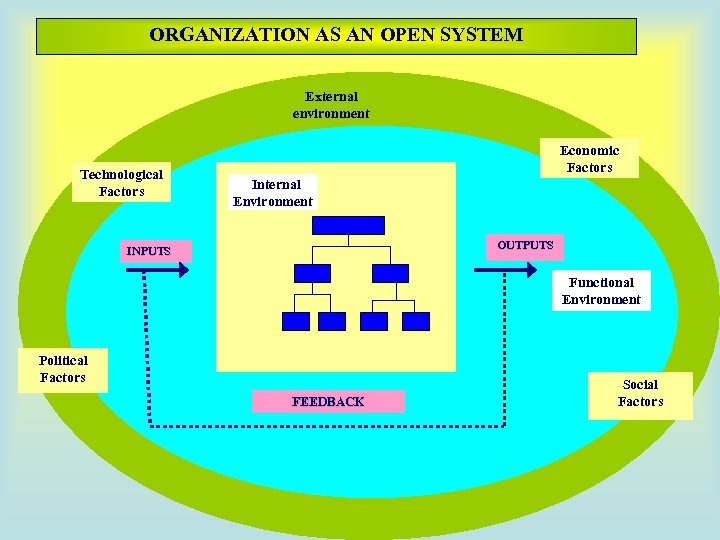 ORGANIZATION AS AN OPEN SYSTEM External environment Technological Factors Economic Factors Internal Environment OUTPUTS