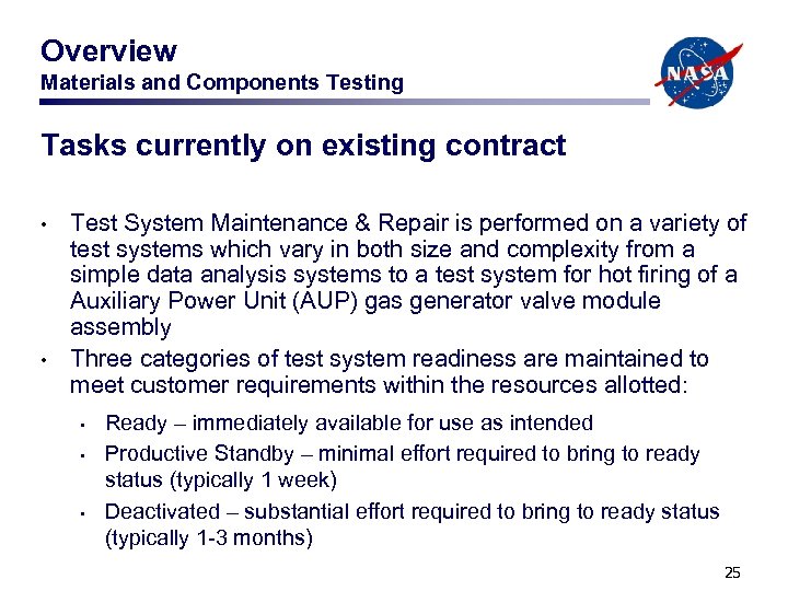 Overview Materials and Components Testing Tasks currently on existing contract • • Test System