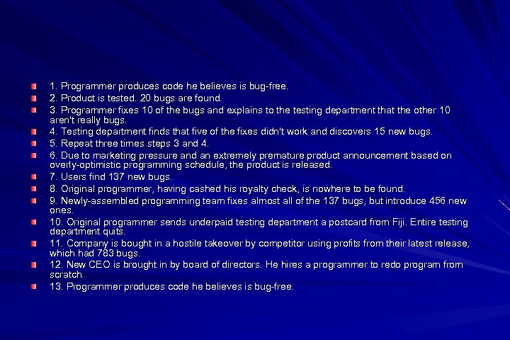 1. Programmer produces code he believes is bug-free. 2. Product is tested. 20 bugs