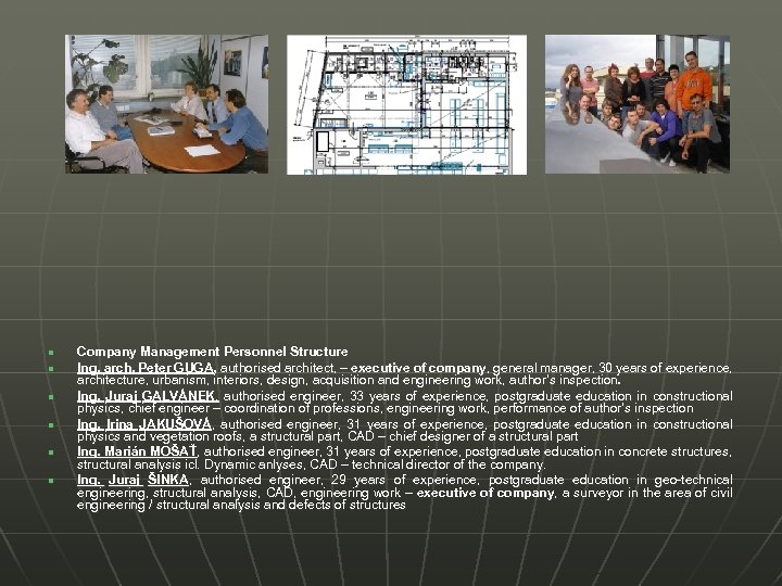 n n n Company Management Personnel Structure Ing. arch. Peter GUGA, authorised architect, –
