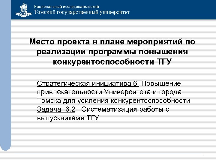 Место проекта в плане мероприятий по реализации программы повышения конкурентоспособности ТГУ Стратегическая инициатива 6.