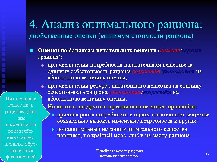 4. Анализ оптимального рациона: двойственные оценки (минимум стоимости рациона) Оценки по балансам питательных веществ