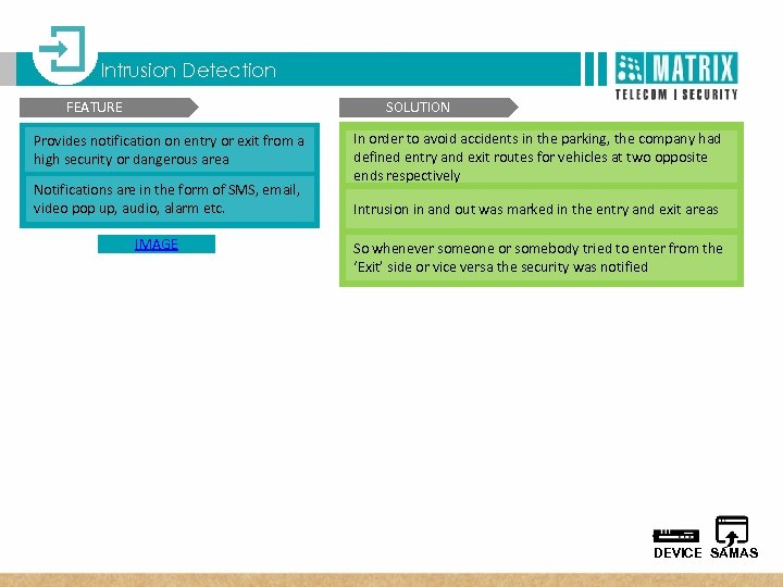  T Matrix SATATYA Three Dimensional Benefits Intrusion Detection FEATURE SOLUTION Provides notification on