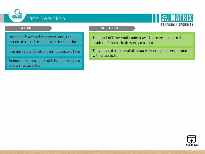  T Matrix SATATYA Three Dimensional Benefits Face Detection FEATURE SOLUTION Based on few