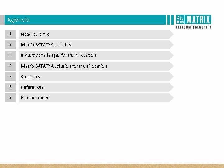 Agenda 1 Need pyramid 2 Matrix SATATYA benefits 3 Industry challenges for multi location