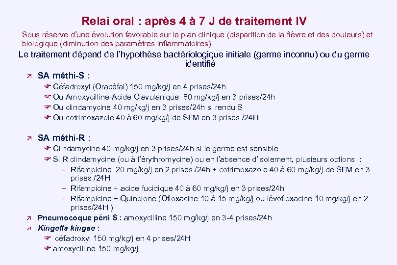 Relai oral : après 4 à 7 J de traitement IV Sous réserve d’une