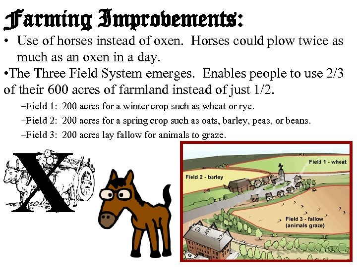 Farming Improvements: • Use of horses instead of oxen. Horses could plow twice as