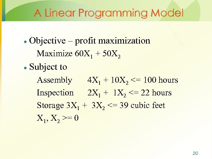 A Linear Programming Model · Objective – profit maximization Maximize 60 X 1 +