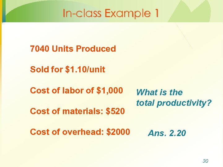 In-class Example 1 7040 Units Produced Sold for $1. 10/unit Cost of labor of