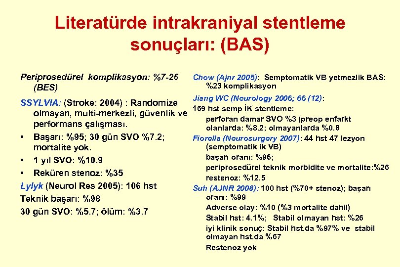 Literatürde intrakraniyal stentleme sonuçları: (BAS) Periprosedürel komplikasyon: %7 -26 (BES) Chow (Ajnr 2005): Semptomatik
