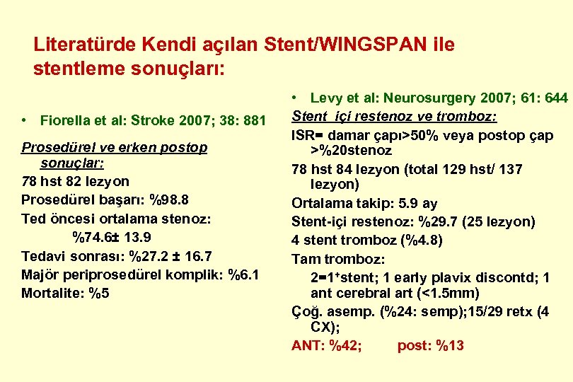 Literatürde Kendi açılan Stent/WINGSPAN ile stentleme sonuçları: • Fiorella et al: Stroke 2007; 38: